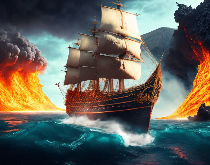 Tall ship navigating turbulent seas near erupting volcanoes