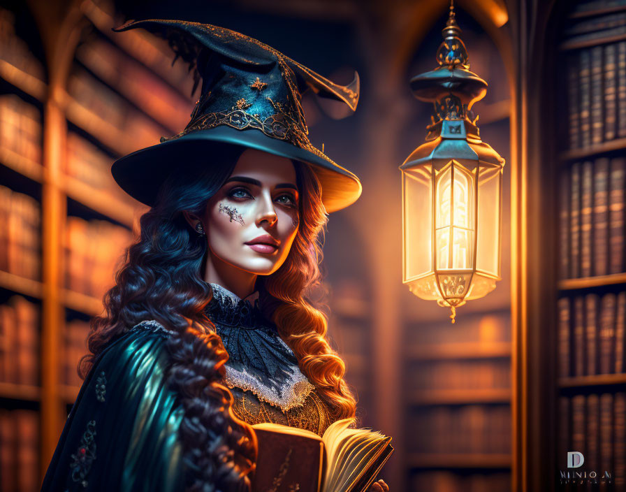 Woman in witch costume with hat holding book in library aisle