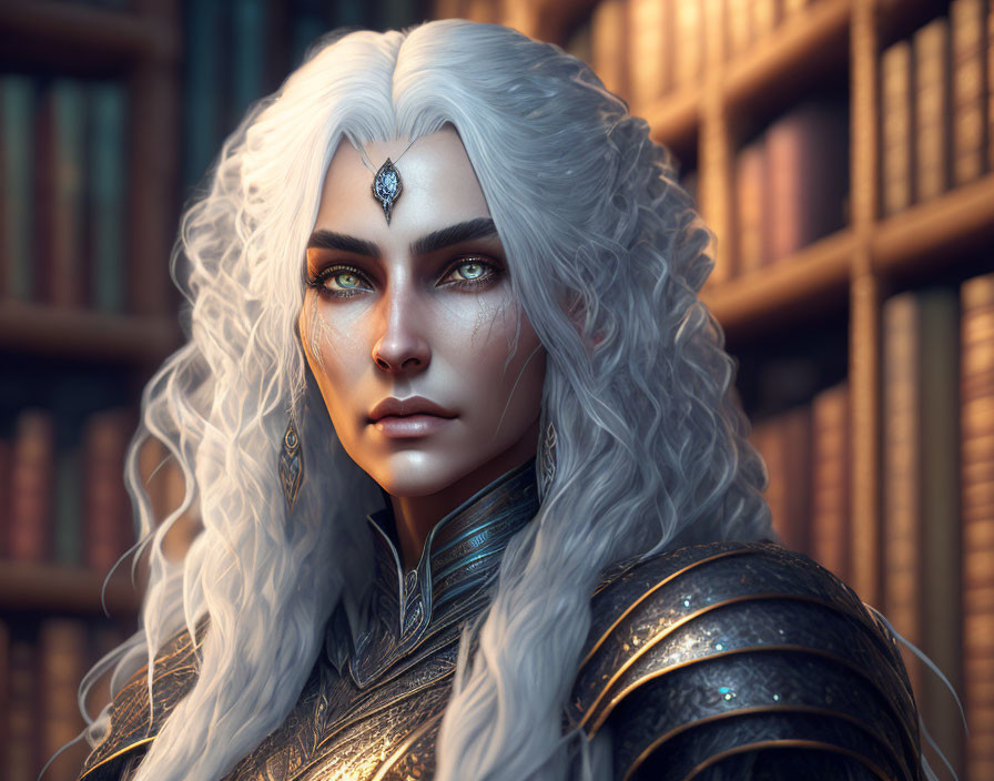 Fantasy female character with silver hair and armor in library setting