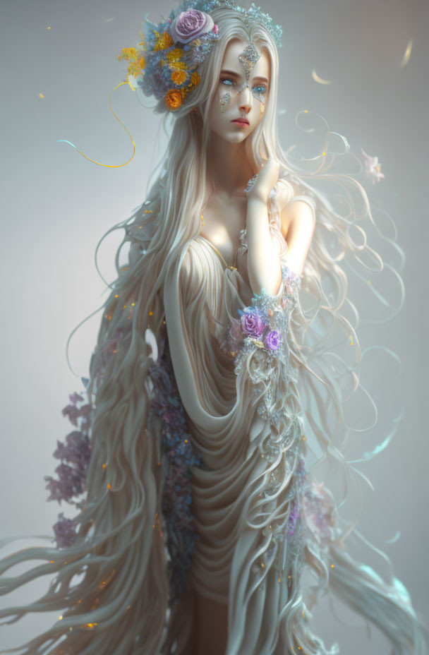Fantasy figure with flowers in hair and gown gazes thoughtfully.