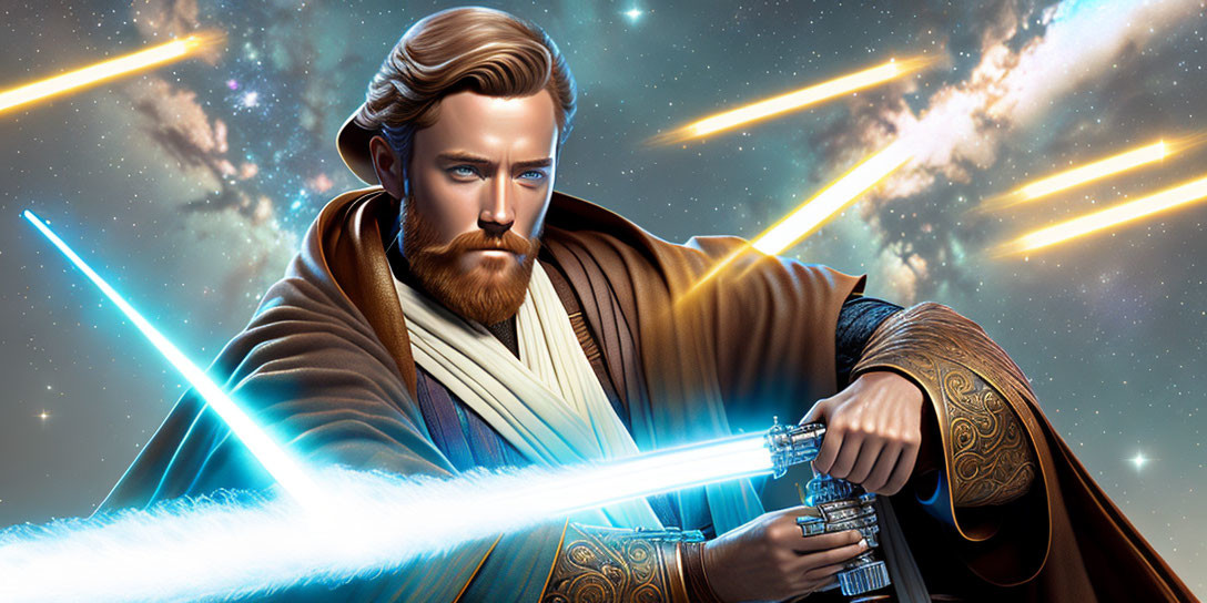 Bearded man in brown robe with lit lightsaber in cosmic setting