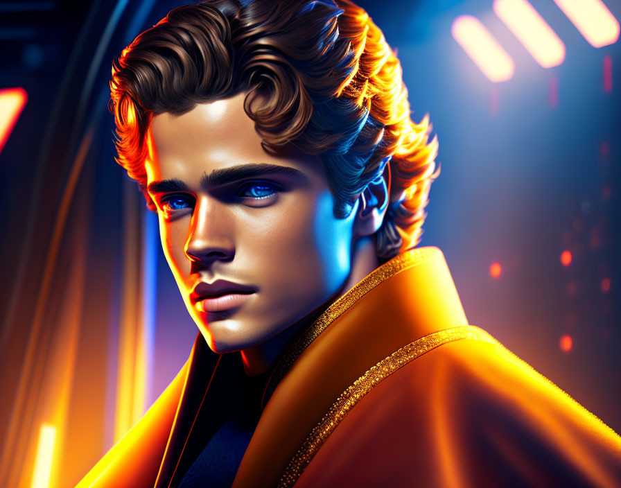 Male figure with wavy locks and blue eyes in gold-trimmed orange jacket on neon-lit