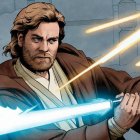 Bearded man in brown robe with lit lightsaber in cosmic setting