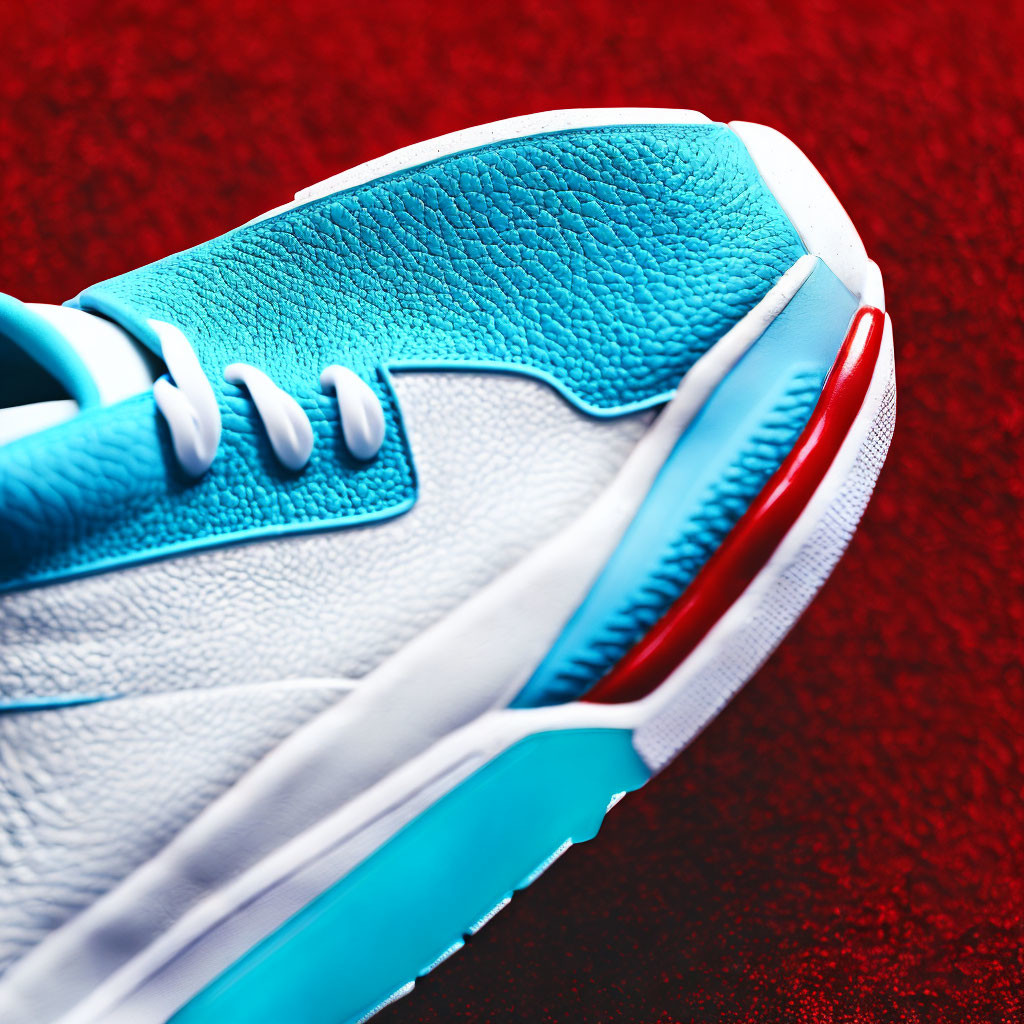 Turquoise and White Sports Shoe with Red Accents on Textured Background