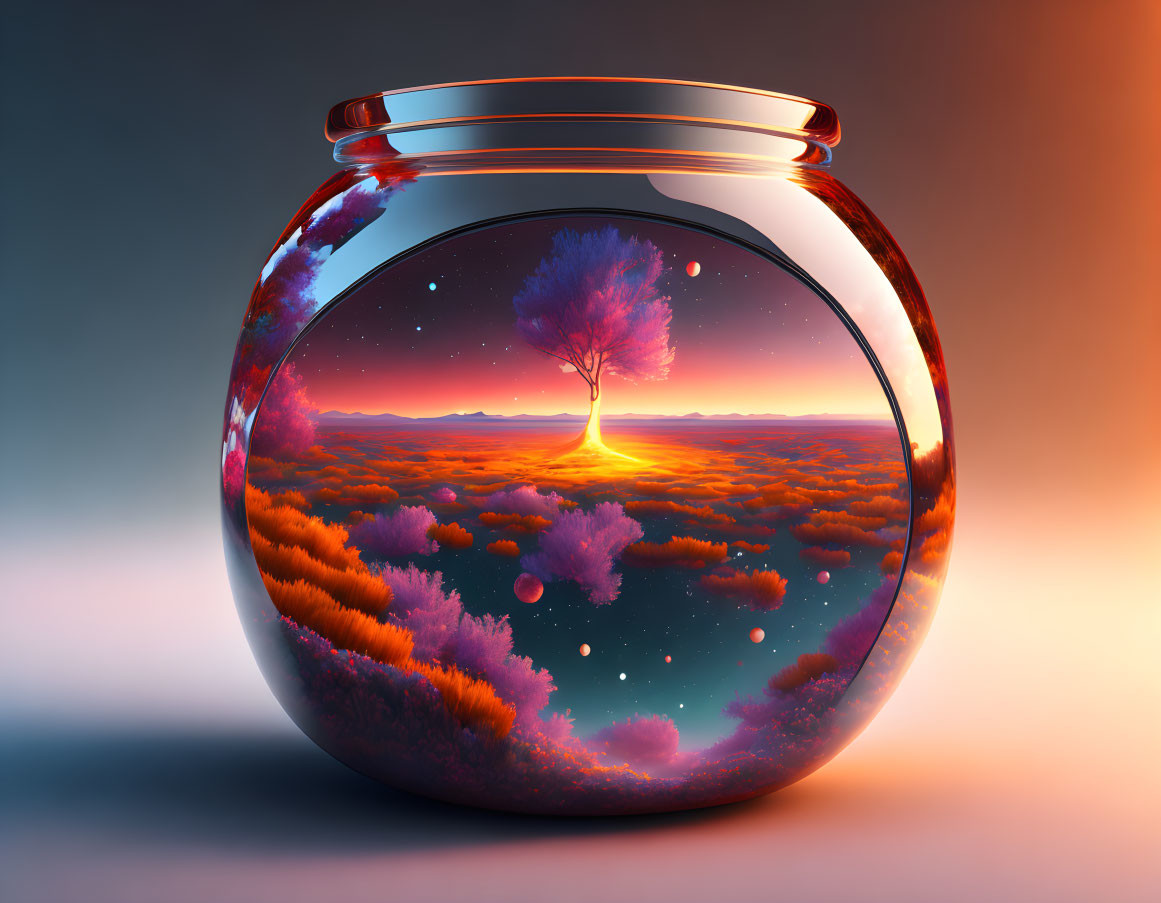 Surreal lone tree in glass jar with celestial background