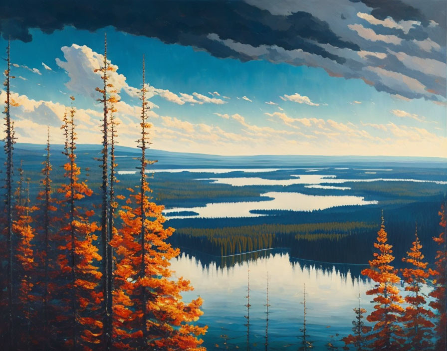 Panoramic landscape painting of orange-leafed trees by tranquil lake