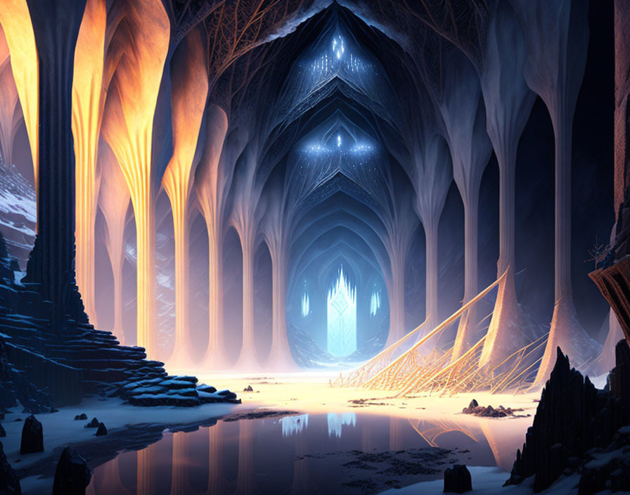 Majestic cavern with towering pillars and blue light reflections