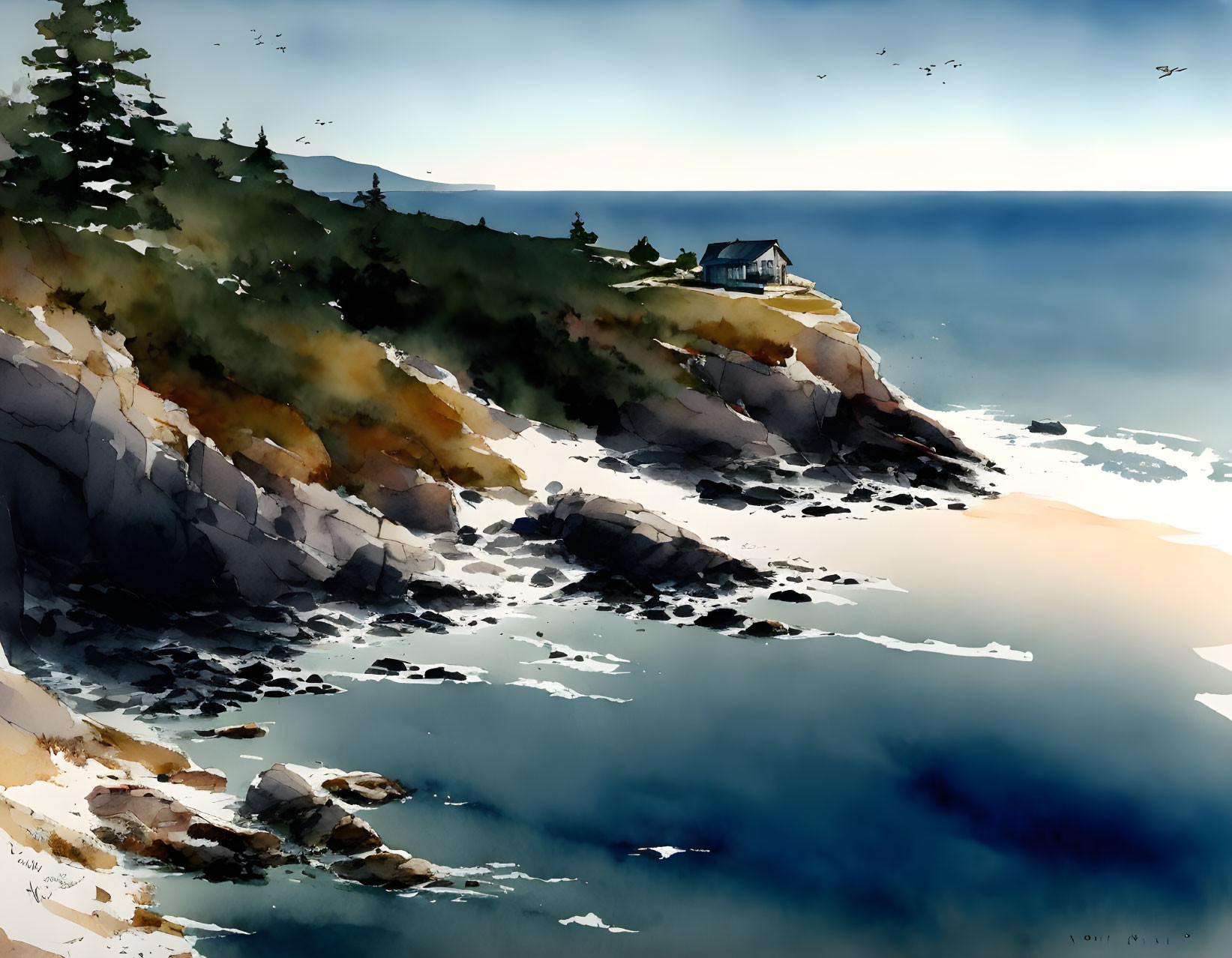 Coastal watercolor painting: house on cliff, sunlight on water, birds in sky