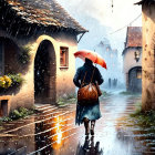 Charming cobblestone street in quaint village rain shower scene