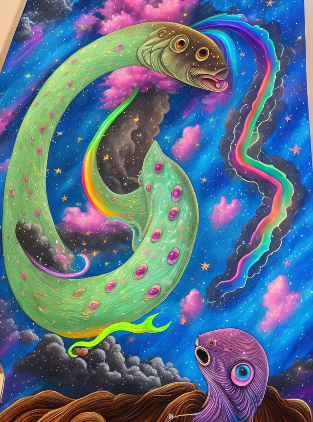 Colorful Artwork: Moon Creature, Snake, Rainbow, Stars, Nebulae
