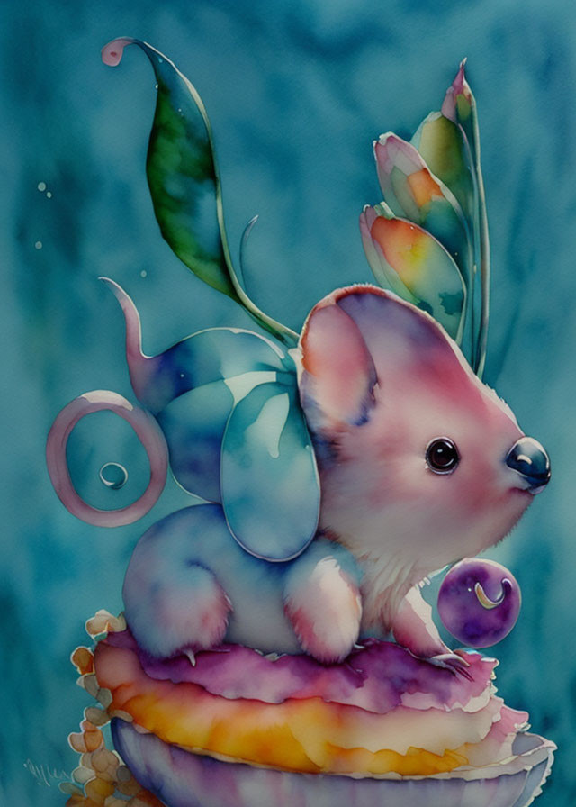 Colorful Watercolor Painting of Fairy-Tale Mouse Creature on Macaroons