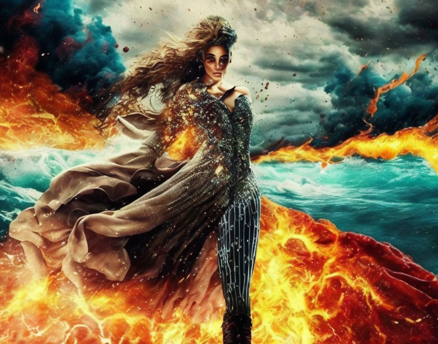Woman in elaborate dress amidst fire and stormy clouds