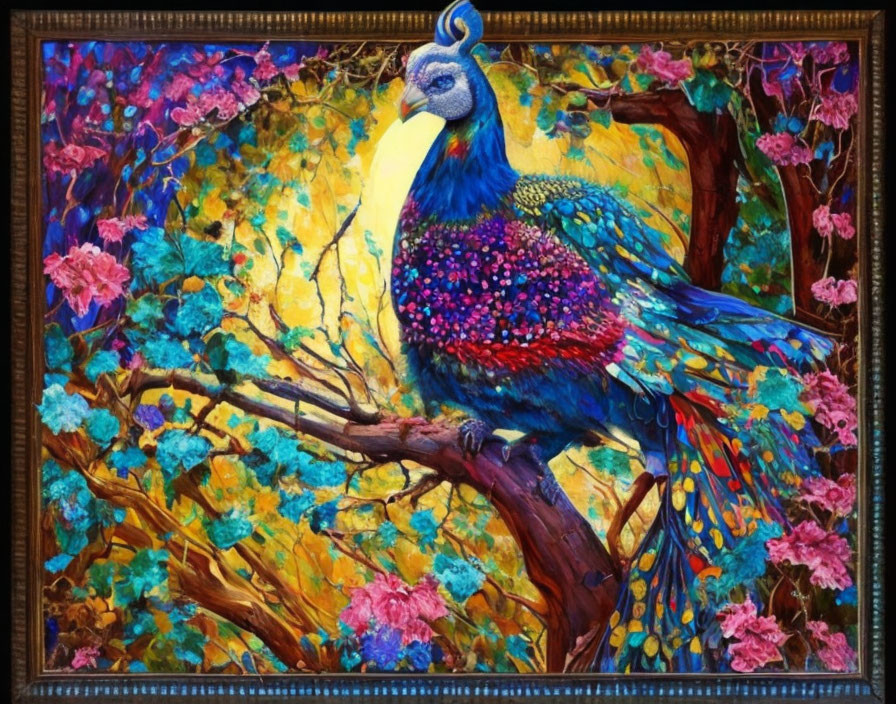 Colorful Peacock Painting on Branch with Flora in Decorative Frame