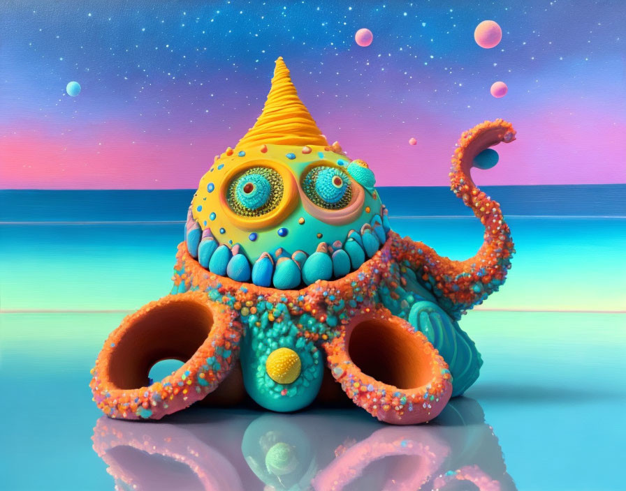 Vibrant octopus-like creature with party hat in whimsical seaside scene