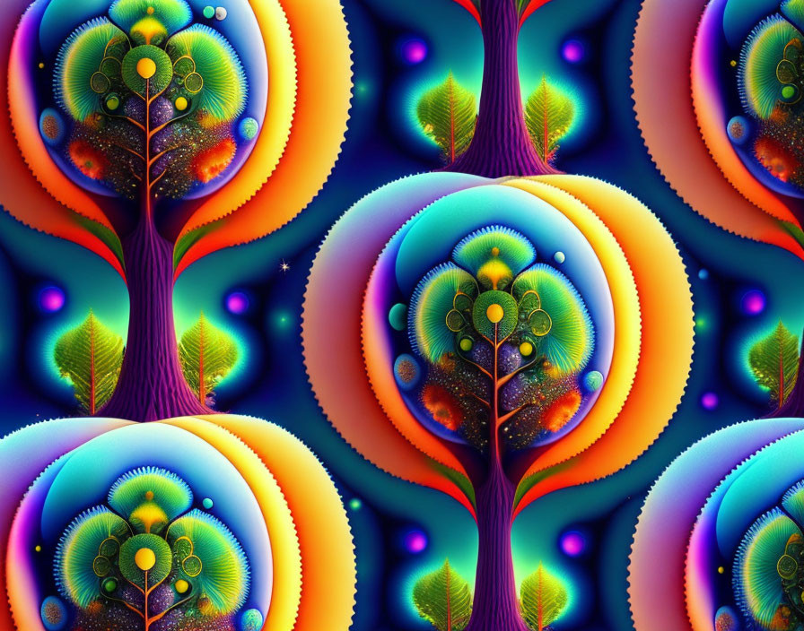 Colorful Symmetrical Fractal Trees in Psychedelic Art