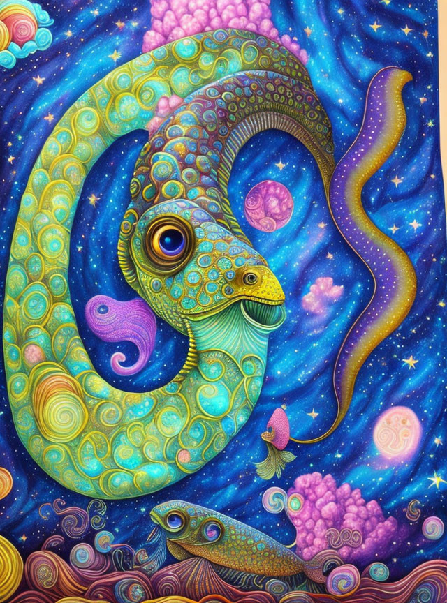 Colorful Psychedelic Seahorse Illustration with Cosmic Elements