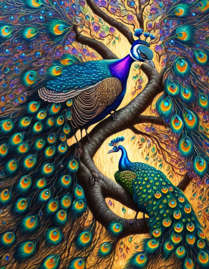 Colorful Peacocks Perched on Branches in Artwork