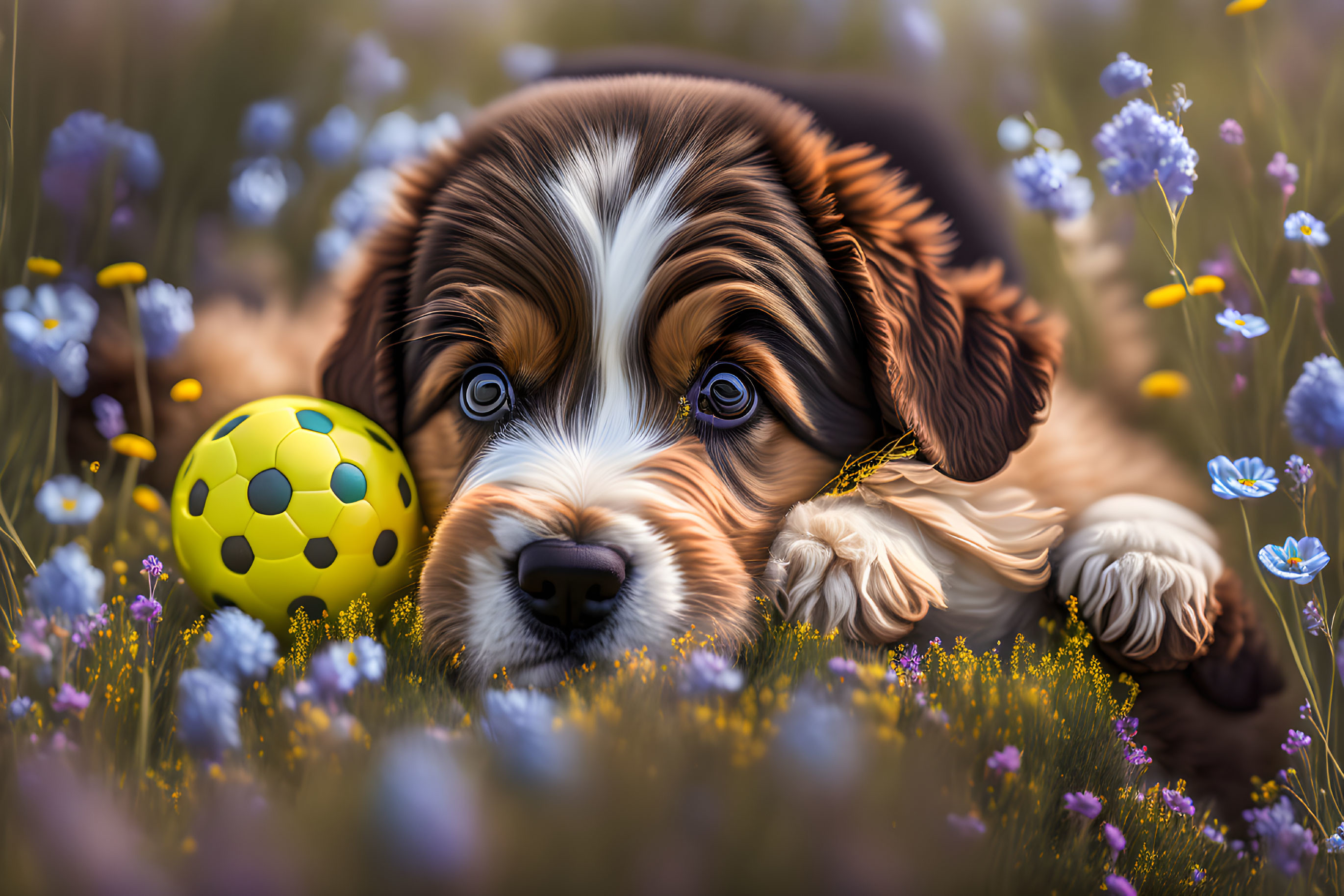 Adorable dog in purple flower field with yellow spotted ball