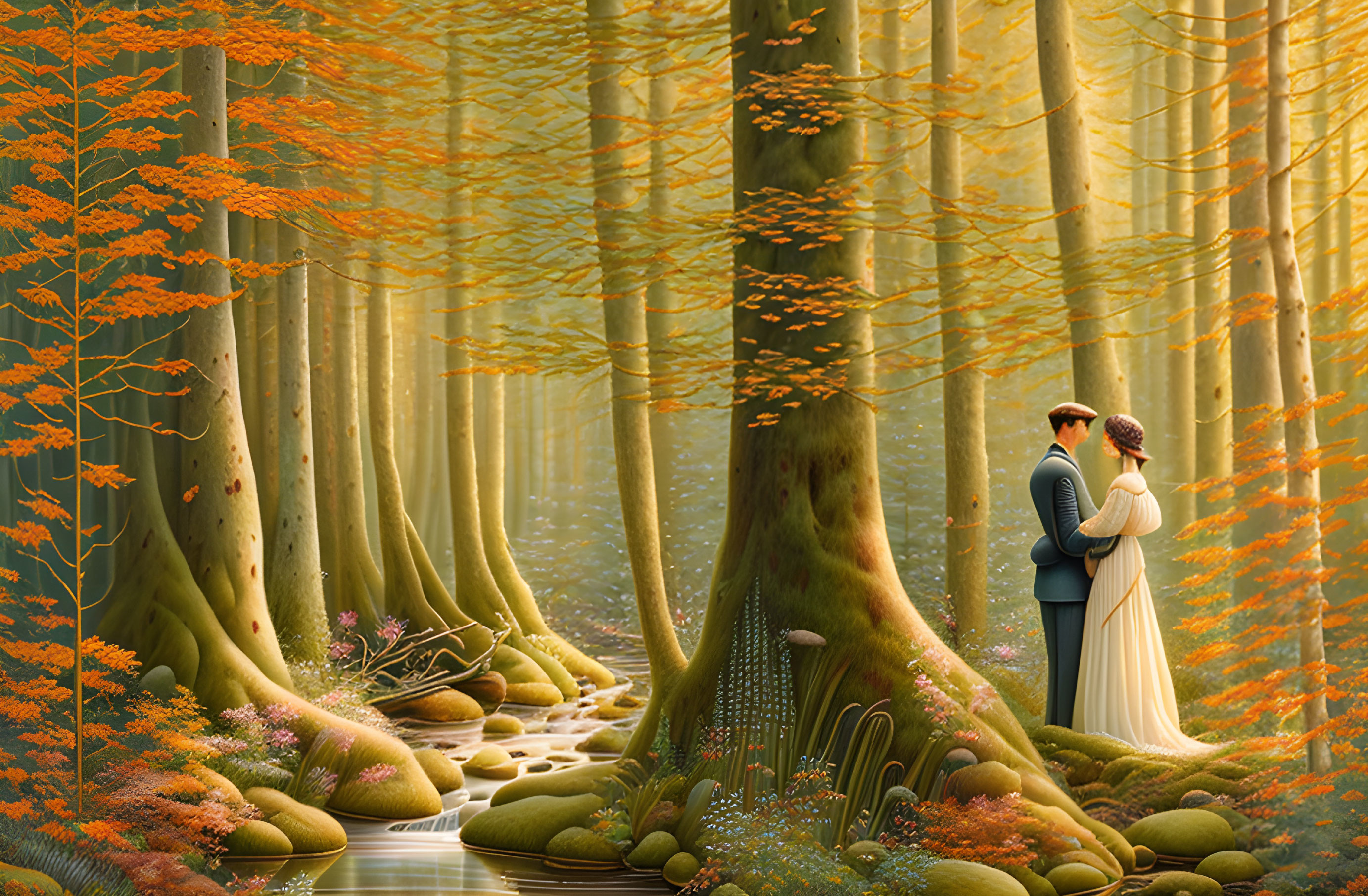 Couple in serene autumn forest with golden light and orange leaves