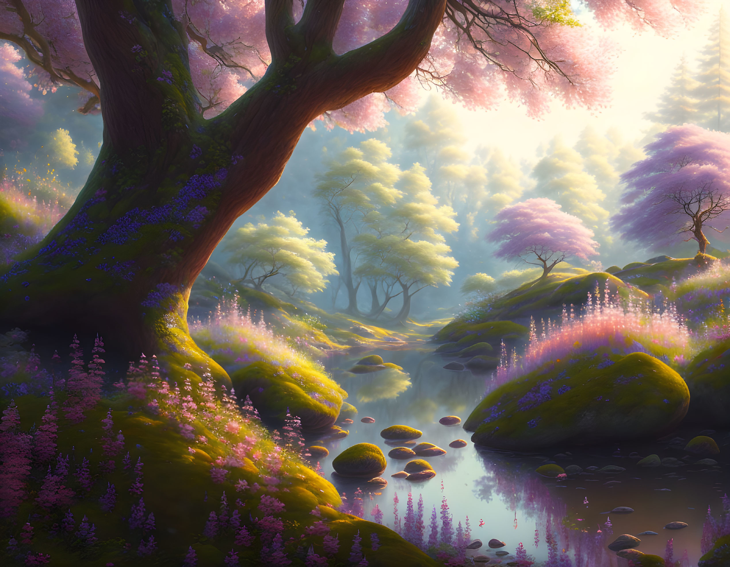 Tranquil forest stream with pink trees, mossy stones, and purple flowers