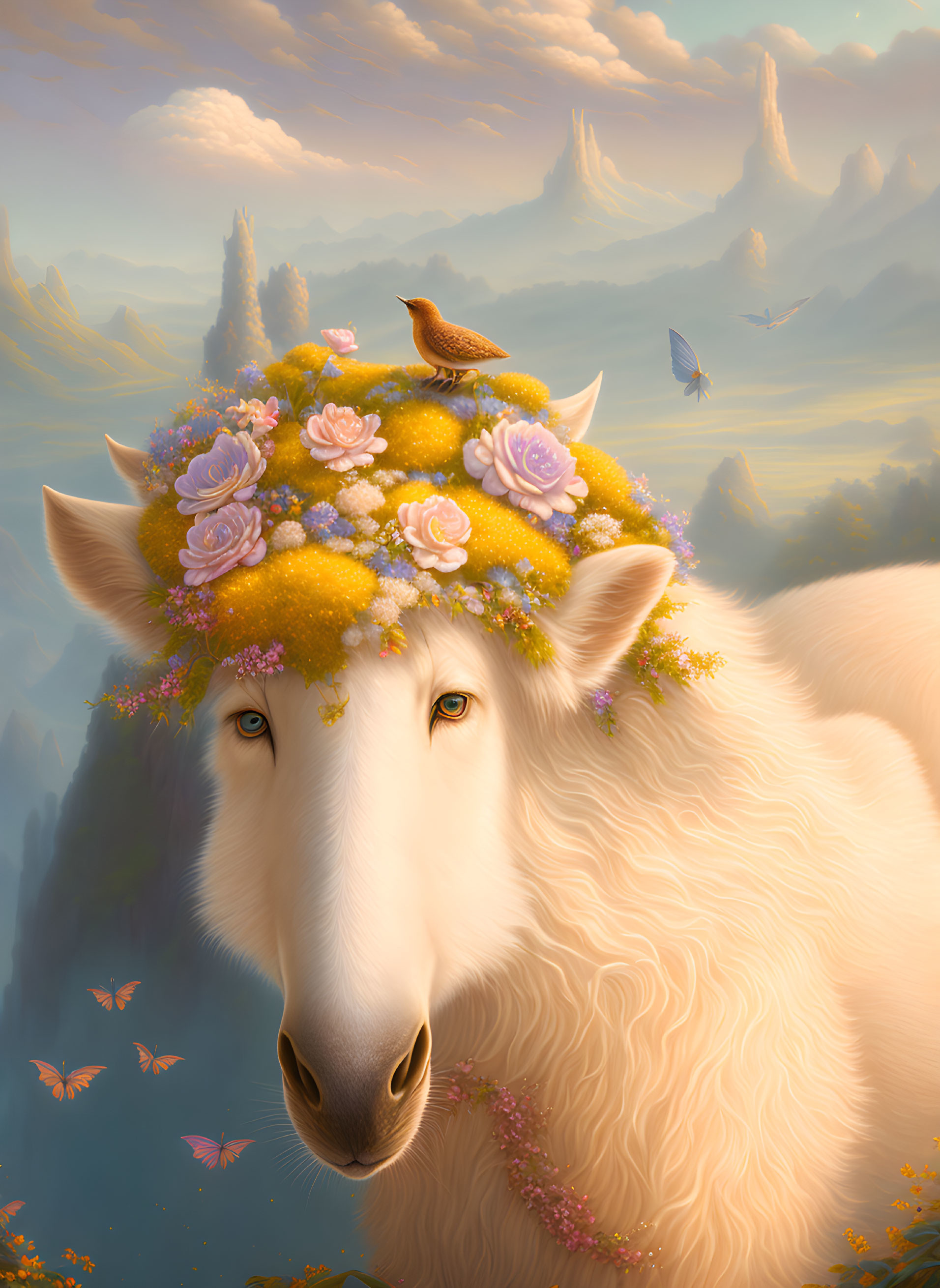 Fantasy illustration of white wolf with flower crown and bird, surrounded by butterflies