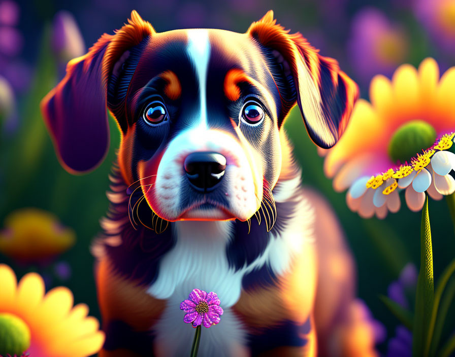 Colorful Flowers Surrounding Bright-Eyed Puppy Illustration