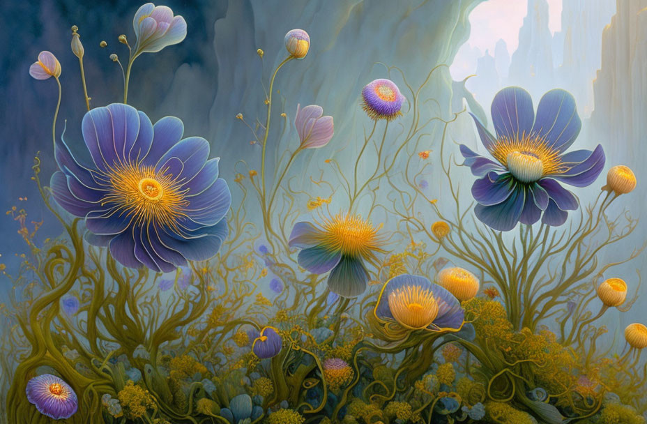 Large Blue Flowers with Golden Centers in Surreal Artwork