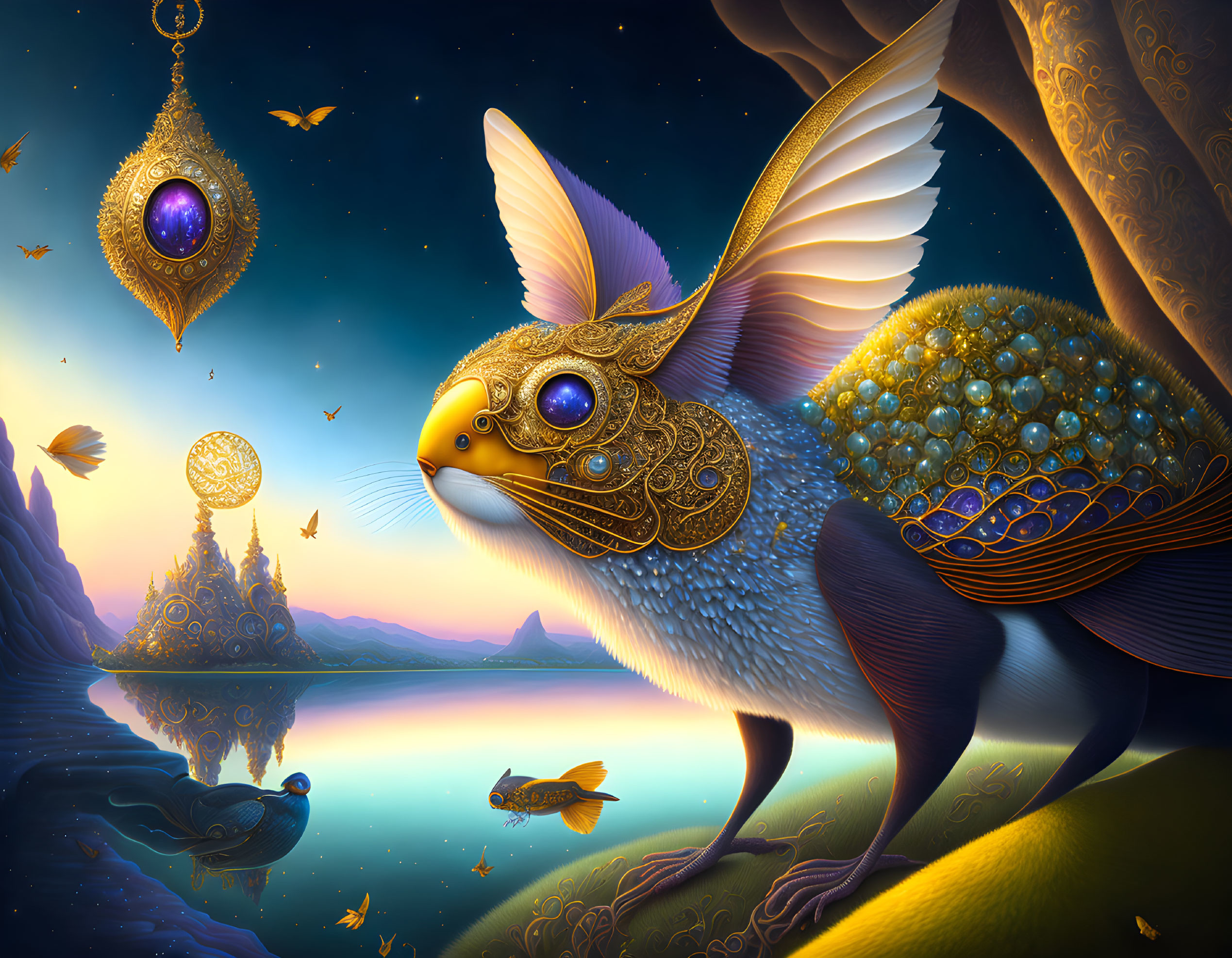 Fantastical rabbit with gold and gem embellishments by reflective lake