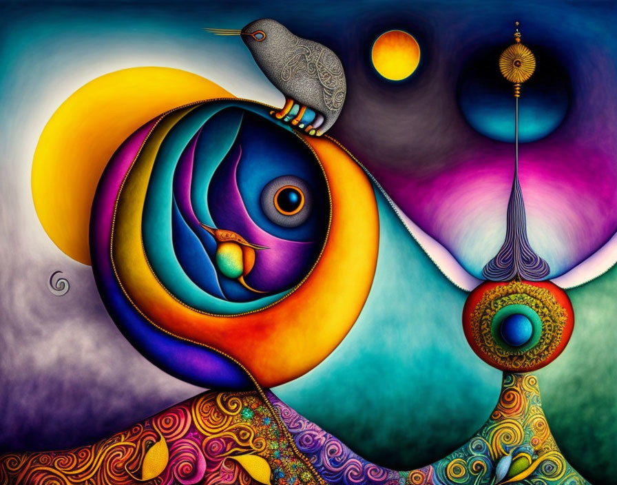 Colorful Surrealist Artwork with Bird, Swirling Landscapes, and Celestial Bodies