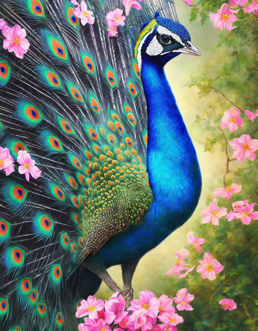 Colorful Peacock Among Pink Flowers with Eye-catching Plumage