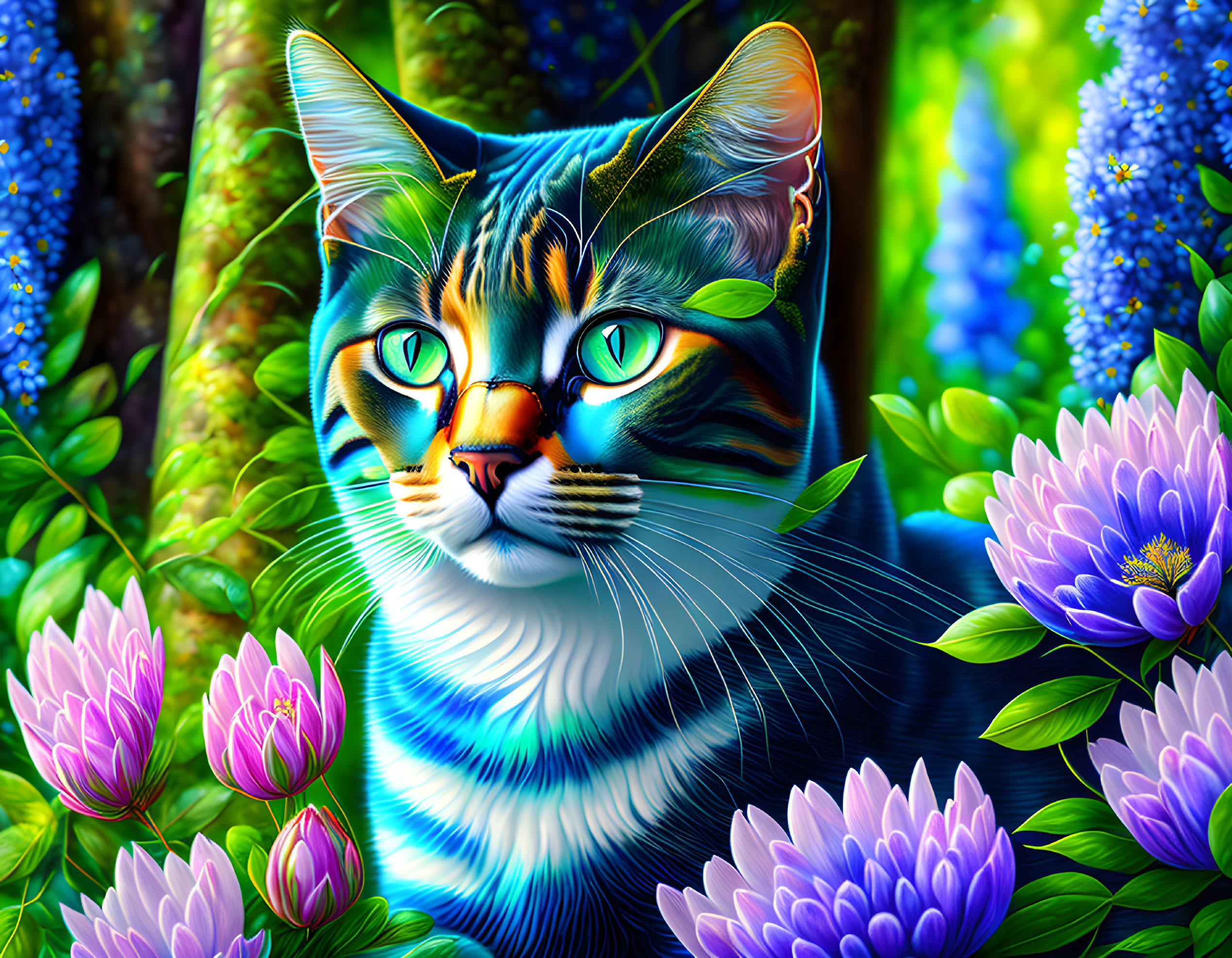Vibrant cat with patterns among flowers and foliage