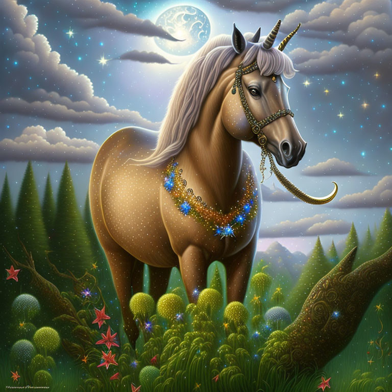 Majestic unicorn in mystical forest under starlit sky