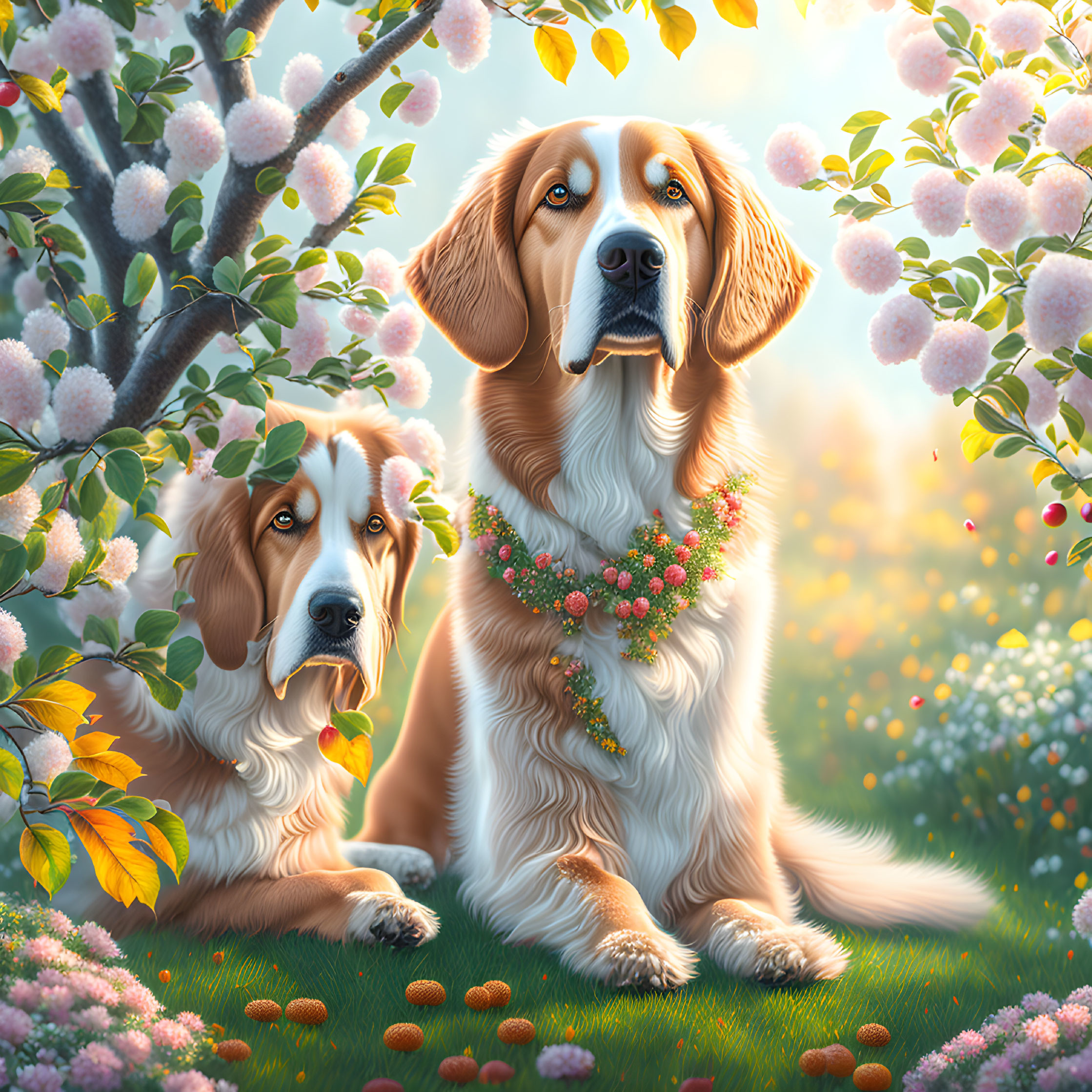 Two dogs in a blooming garden with floral necklace and ripe fruits.