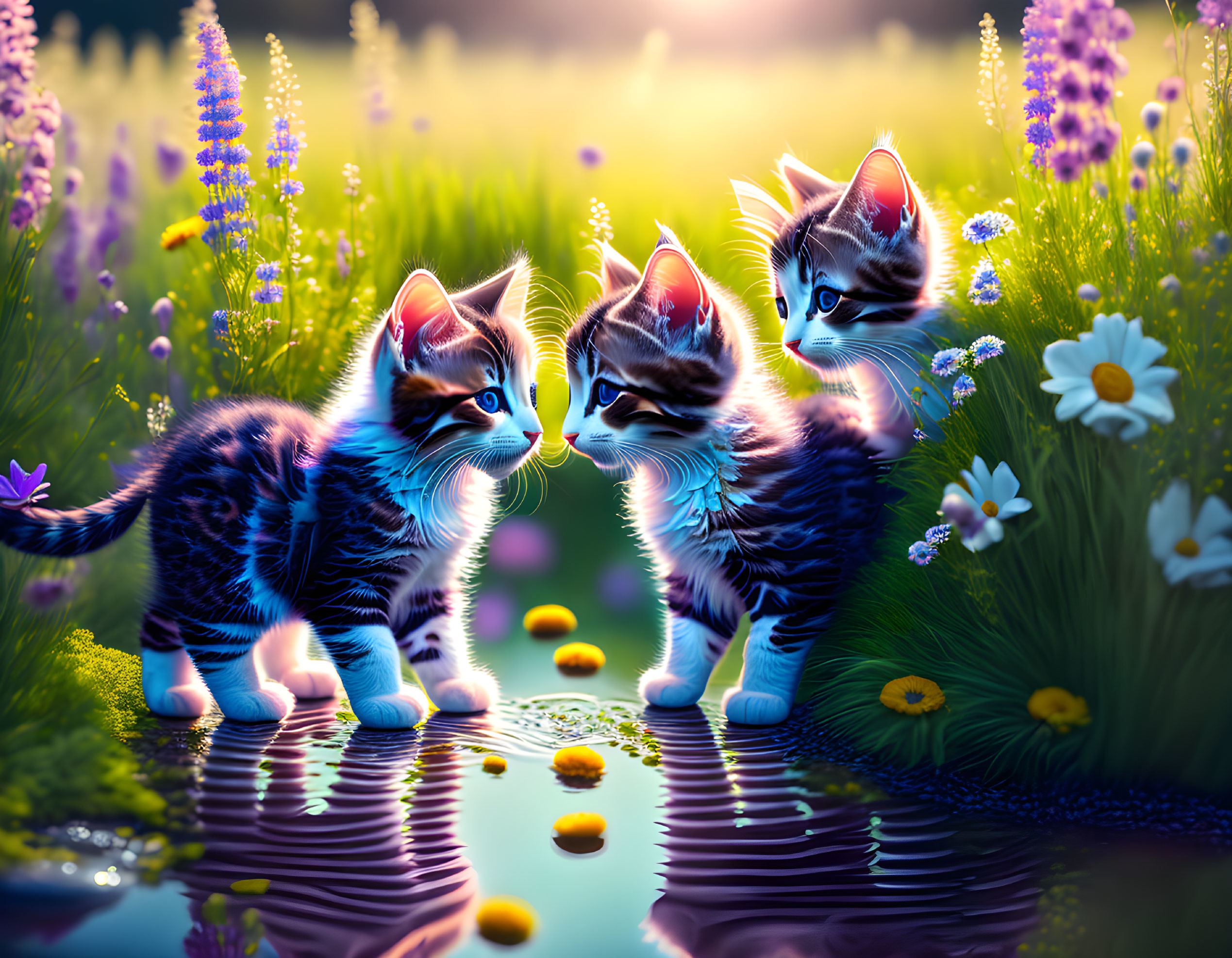 Three Kittens by Pond Surrounded by Colorful Flowers and Soft Lighting