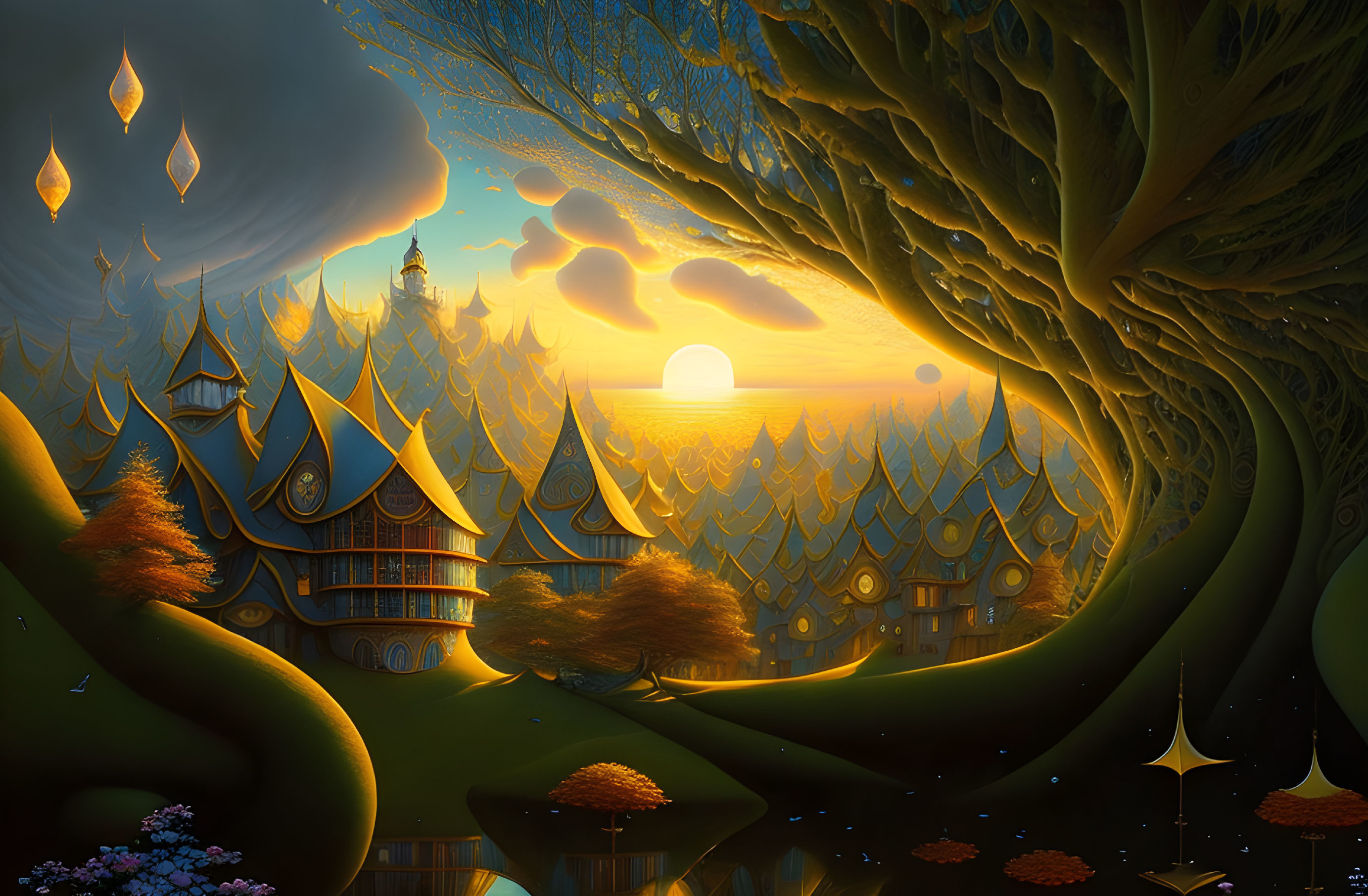Fantastical sunset landscape with oversized intertwined trees and elaborate dwellings reflected in tranquil water under a sky