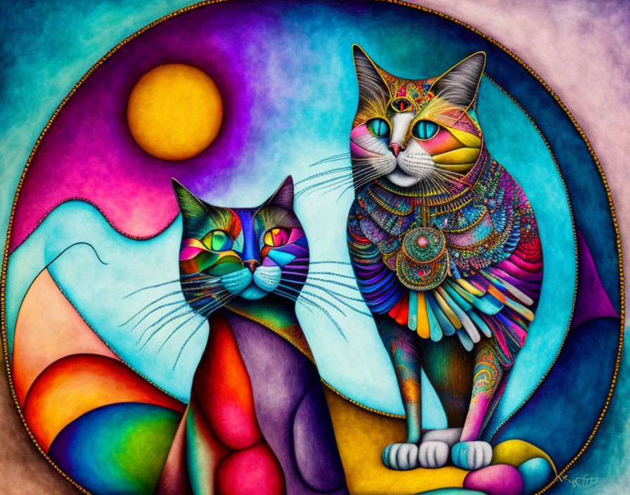 Vibrant illustration of stylized cats with intricate patterns on colorful background