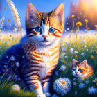 Illustrated kittens with blue eyes in dandelion field at sunset