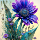 Detailed digital artwork: Large purple flower with intricate details in a pastel sky