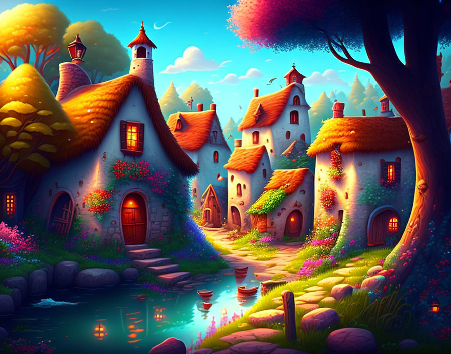 Whimsical fantasy village with colorful cottages, lush greenery, and serene pond