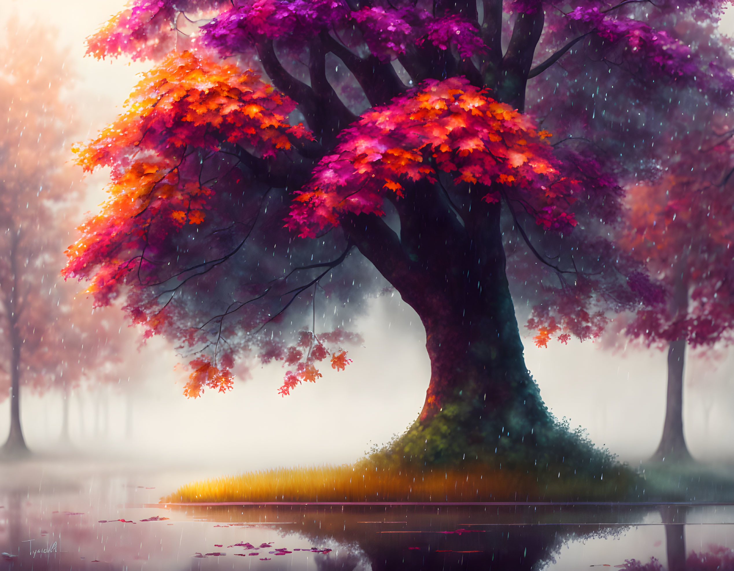 Vibrant tree with red autumn leaves by reflective water in misty setting