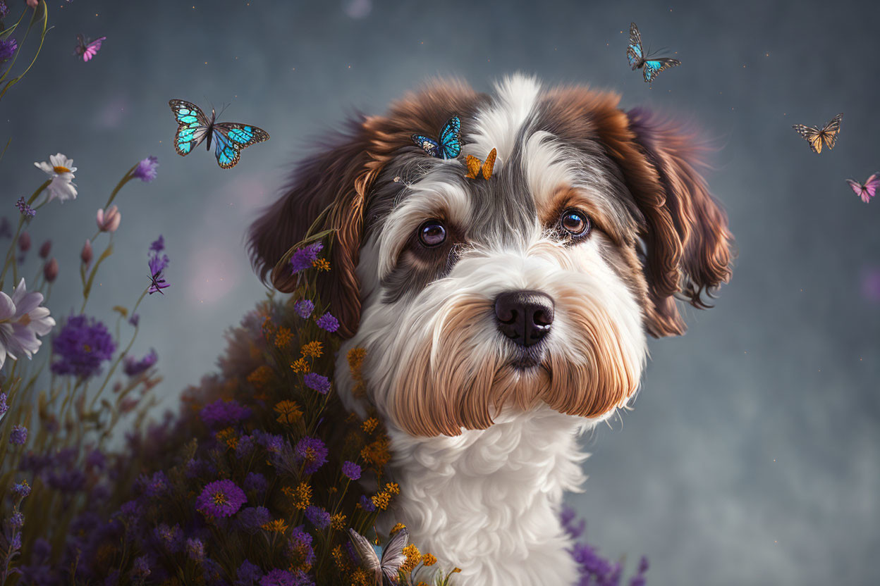 Brown and White Dog Portrait Among Purple Flowers with Butterflies
