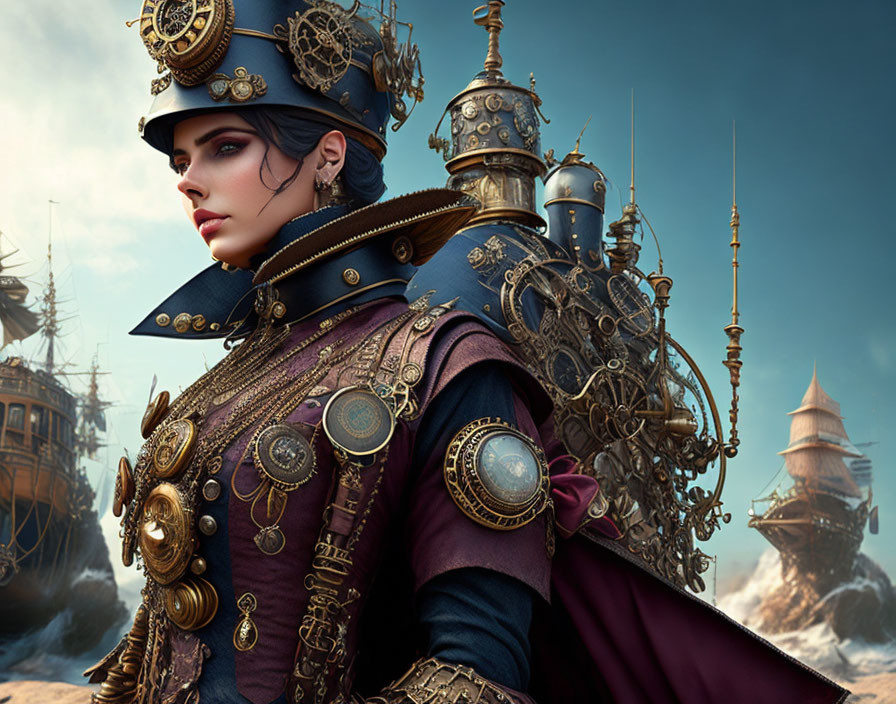 Steampunk-themed digital art of a woman in intricate attire with metallic gears and airships in the