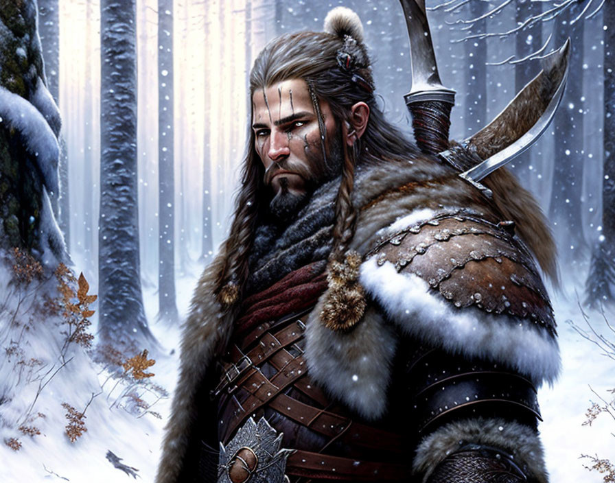 Warrior in fur and armor with sword and axe in snowy forest