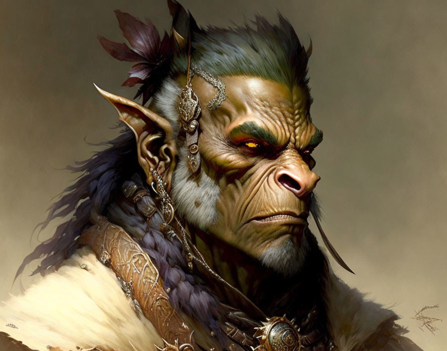 Detailed illustration: Orc with yellow eyes, earrings, feathers, fur, and armor. Fierce and