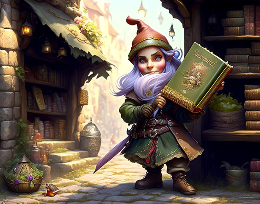 Whimsical gnome illustration with violet hair and pointed hat in medieval alley