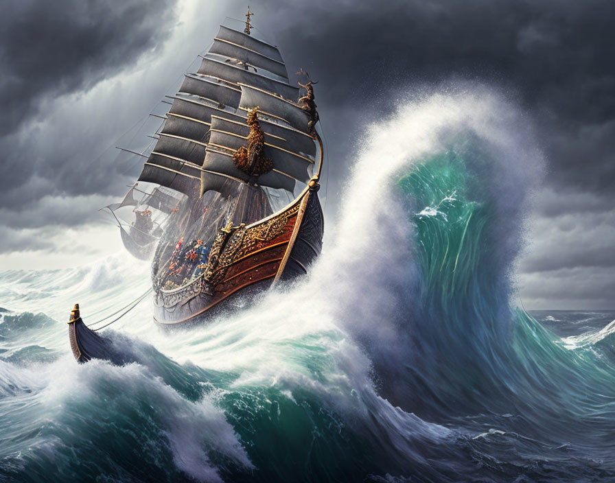 viking ships in the stormy ocean