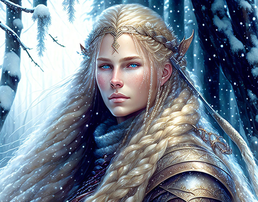 Blond-haired fantasy elf in golden armor in snowy forest