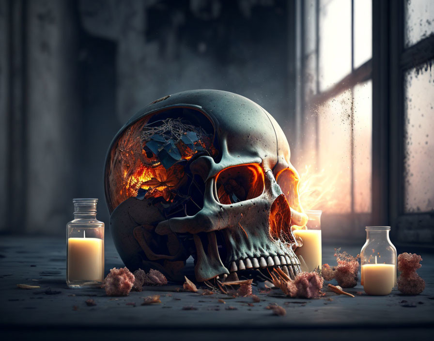 Spooky skull with fiery glow, bones, and candles in dim room