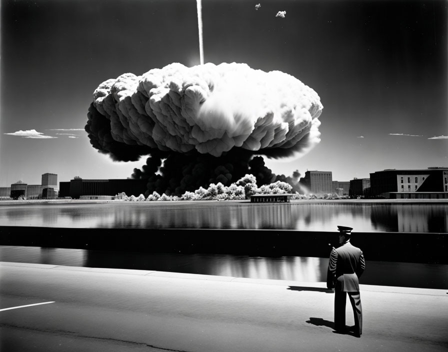 Monochrome photo of person viewing atomic explosion with buildings and water