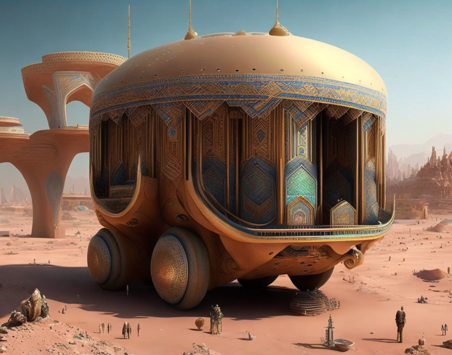 Ornate dome-shaped structure in futuristic desert setting surrounded by figures and installations